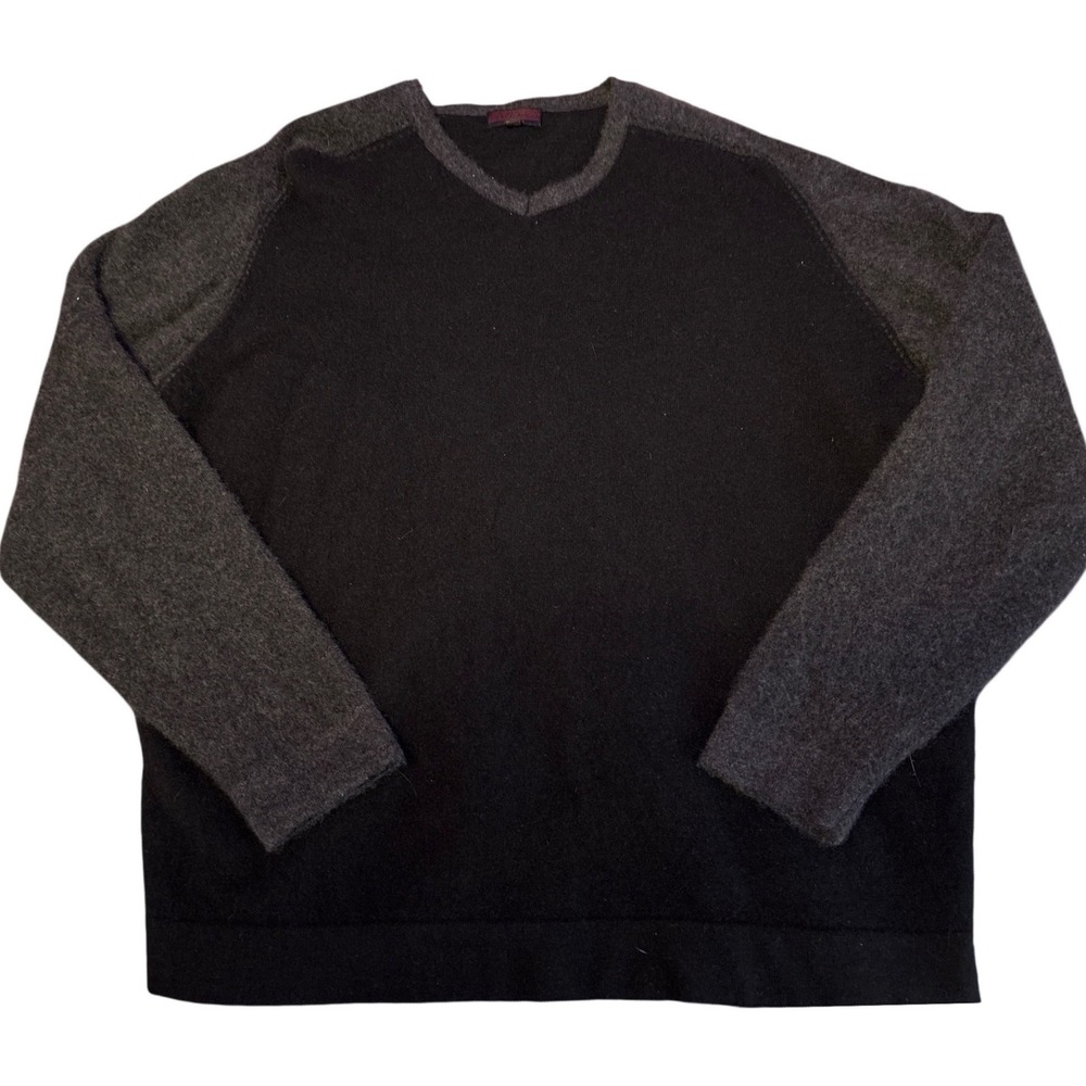 Lenor Romano 100% Cashmere Black Gray Raglan V Neck Sweater XXL